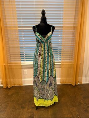 Promod Boho Geometric Print Maxi Dress – Teal, Green & Lime / UK 10 (US 6)